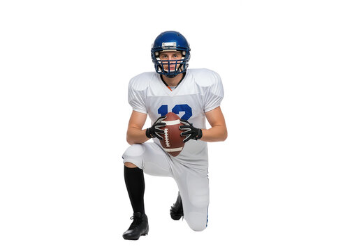 Football Player Kneeling with Ball on White Background