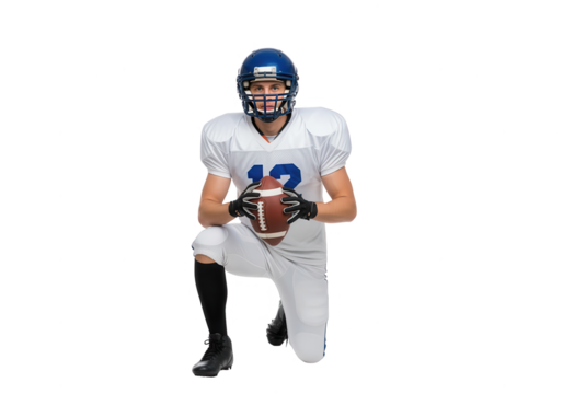Football Player Kneeling with Ball on White Background