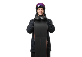 Smiling Snowboarder Holding Board Isolated on White
