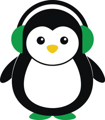 Cute cartoon penguin wearing green headphones listening to music