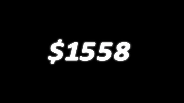 Animated money counter increasing dollar amounts from 0 to 6000 with neon glowing text on transparent background. Perfect for finance, gaming,
