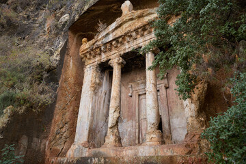 Amyntas rock tombs carved in cliff in Fethiye city, Turkey