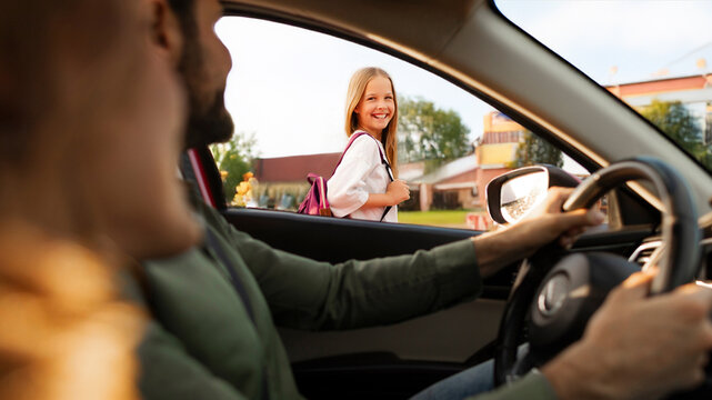 Back to school. Mother and father dropping off daughter coming to school in the morning, schoolgirl smiling to parents, view from inside auto, panorama