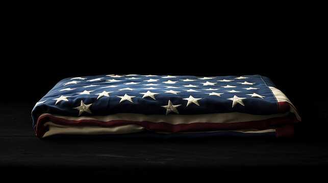 American flag folded in black background