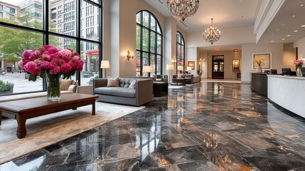 Grand hotel lobby with large windows, plush seating, and polished marble floors