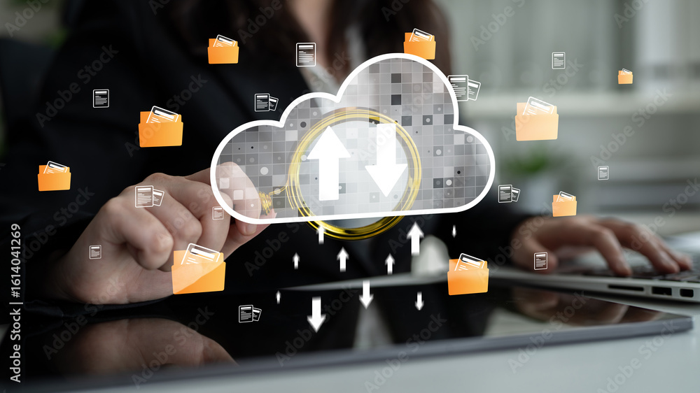 Poster cloud computing enables digital growth with secure data storage, scalable infrastructure, and strate
