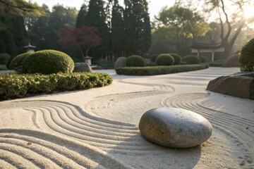 Serene Japanese Rock Garden With Raked Sand and Lush Greenery at Dawn