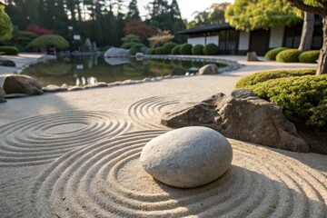 Serene Japanese Garden With Raked Sand and Stone at Sunset