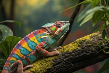 Fototapeta premium Colorful Chameleon Perched on a Mossy Branch in a Vibrant Forest