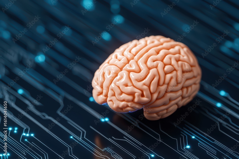 Poster brain model on technology background with digital elements