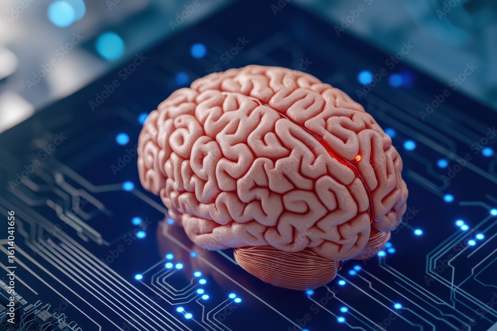 Poster brain model on circuit board with digital background