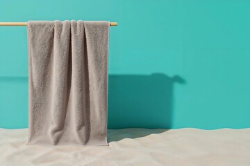 A serene summer concept featuring a soft beige towel draped on a pole over a pristine sandy surface against a vibrant turquoise wall.