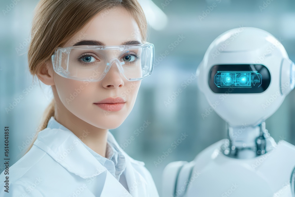 Aufkleber scientist and robot collaborate in modern laboratory setting