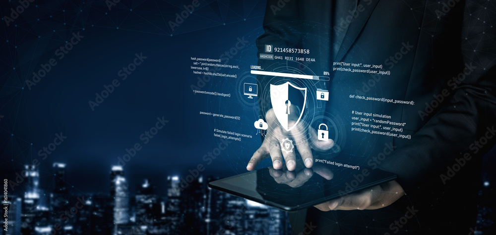 Poster cyber security protects against breaches, hacks, and network attacks using strong infrastructure and