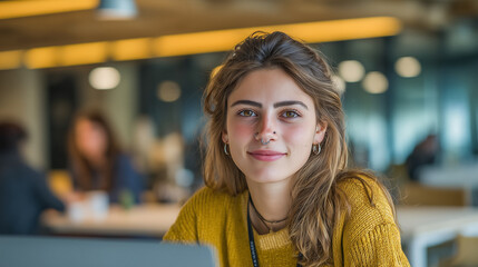 Smiling young woman with piercings wearing a yellow sweater in a modern co-working space.