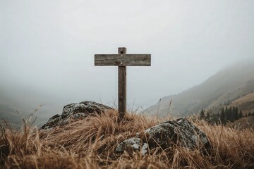 A blank wooden signpost on a misty mountain path, symbolizing an uncertain journey, crossroads, and the choice of a new direction.