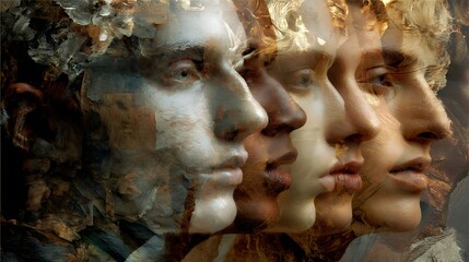 multiple versions of the same person blending and colliding in a flowing portrait, abstract surreal style, layered symbolic textures