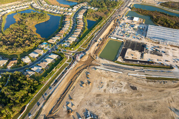 Roundabout construction roadworks on American transport infrastructure. Renovation of highway road...