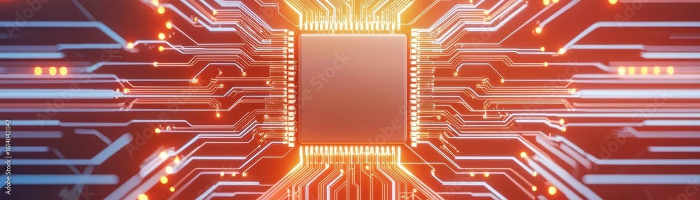 Poster close-up view of futuristic circuit board with microchip