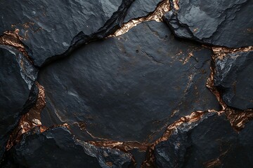 Luxurious black stone background with shimmering gold veins, a macro shot of a mineral rock surface with metallic cracks.