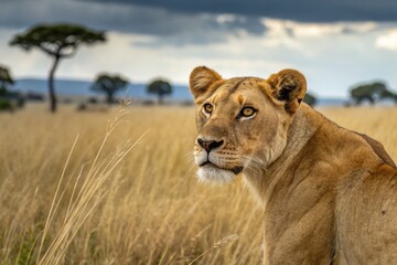 Fototapeta premium Lioness in Golden Grassland During an Overcast Afternoon in Africa