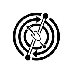 Abstract graphic of directional arrows and circles in black design  