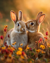 Obraz premium Two cute rabbits cuddling in a field of colorful wildflowers at sunset.