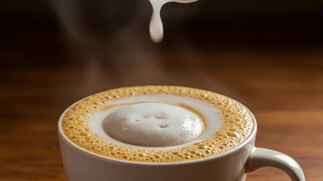 A spoonful of creamy foam is gently poured into a cup of cappuccino, creating a beautiful swirl of latte art cinematic broll