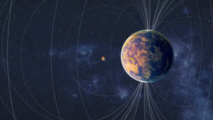 The Earth planet features, appears in space. Curved lines wrap around the planet, suggesting magnetic field. Elements of this 3D rendered illustration were furnished by NASA.