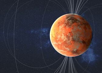 Planet Mars, revealing surface features such as craters and valleys with active planetary magnetosphere. Elements of this 3D rendered illustration were furnished by NASA.