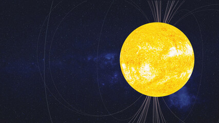 A bright yellow star Sun. Magnetic field lines or solar flares radiate outward from its surface, conveying intense energy emission. Elements of this 3D rendered illustration were furnished by NASA.