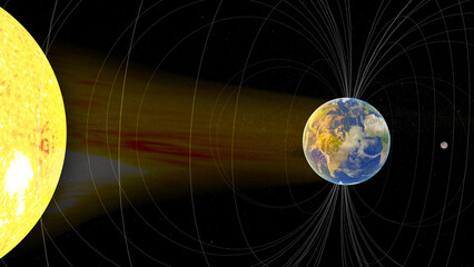 The Sun emits solar wind in yellow-red streams toward Earth, which is shown surrounded by its magnetic field lines. Elements of this 3D rendered illustration were furnished by NASA.