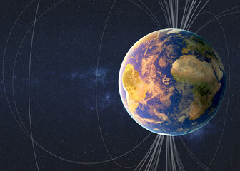 The Earth planet features, appears in space. Curved lines wrap around the planet, suggesting magnetic field. Elements of this 3D rendered illustration were furnished by NASA.