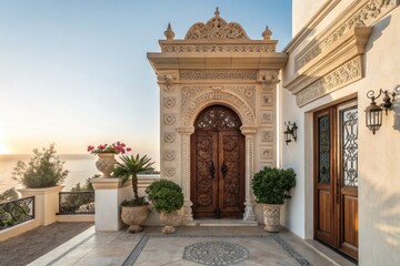Stunning Ornate Entrance With Intricate Carvings at Sunset in a Coastal Location