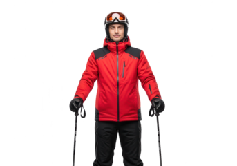 Skier Standing in Studio on White Background