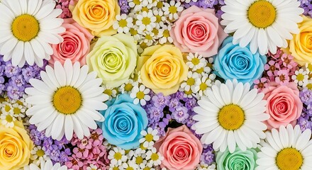 A Vibrant Tapestry of Delicate Blooms A Medley of Pastel Roses Daisies and Tiny White Flowers Creating a Cheerful Springtime Display of Nature's Beauty