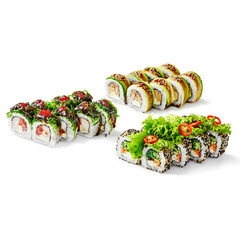 Delicious sushi rolls with sesame seeds, cucumber, and tobiko roe displayed on white background