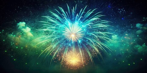 Vintage Fireworks: Blue Green Particle Explosion, Abstract Festive Background