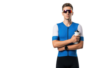 Triathlete Portrait: Confident Athlete with Water Bottle on White