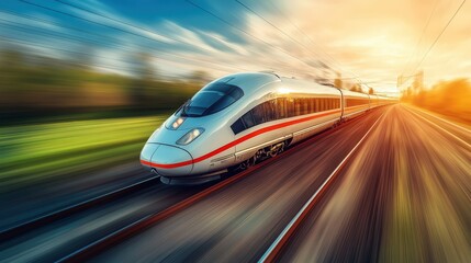 A sleek, futuristic high-speed passenger train travels at motion-blurred speed along tracks into a beautiful sunset, symbolizing progress, efficiency, and modern transportation