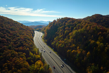 View from above of I-40 freeway route in North Carolina leading to Asheville thru Appalachian...