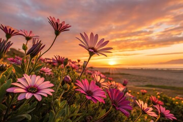 Obraz premium Colorful Flowers Bloom at Sunset Near the Beach on a Serene Evening