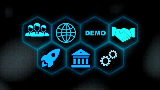 Businessman pressing a Demo button on a clear projection screen high performance, monitoring and evaluation ,Blue holographic advanced HUD circle. Business, Technology,