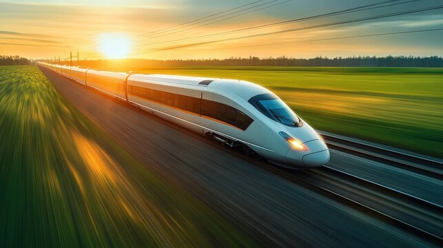 A sleek, futuristic high-speed passenger train travels at motion-blurred speed along tracks into a beautiful sunset, symbolizing progress, efficiency, and modern transportation - Powered by Adobe