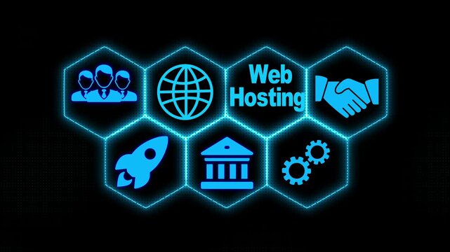 selecting a Web Hosting concept of a futuristic button. Hi tech motion graphic background, white flickering dots on dark background .