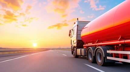 Sunset Over Highway with Fuel Truck in Motion