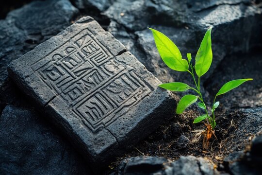 A fresh green sprout grows from soil next to an ancient, weathered stone tablet with carved hieroglyphs. This symbolic image contrasts new life and growth with ancient history and wisdom