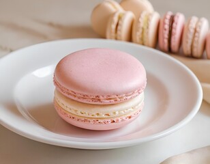  Pink Macaron on White Plate with Soft Pastel Background