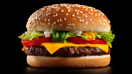 Juicy cheeseburger with fresh vegetables and sesame seed bun on black background.