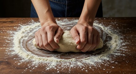 Hands kneading dough on a floured wooden surface preparing for baking bread at home studio